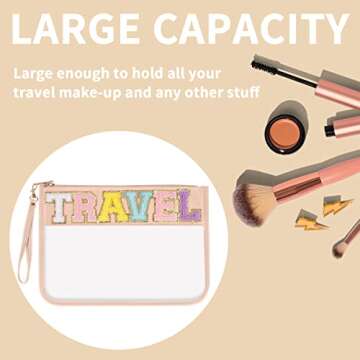 Iqimott Monogram Letter Clear Bag Purse, Chenille Glitter Letter Makeup Cosmetic Bag Patch Zipper Toiletry Pouch, Portable Travel Beach Snack Wristlet Bag for Women Girls(Travel, Pink)