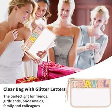 Iqimott Monogram Letter Clear Bag Purse, Chenille Glitter Letter Makeup Cosmetic Bag Patch Zipper Toiletry Pouch, Portable Travel Beach Snack Wristlet Bag for Women Girls(Travel, Pink)