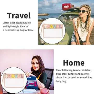 Iqimott Monogram Letter Clear Bag Purse, Chenille Glitter Letter Makeup Cosmetic Bag Patch Zipper Toiletry Pouch, Portable Travel Beach Snack Wristlet Bag for Women Girls(Travel, Pink)