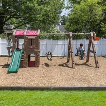 Step2 Naturally Playful Adventure Lodge Play Center with Glider, Kids Outdoor Playset, Two Tier Backyard Playground Set, Slide, Swings, Rope Ladder, Basketball Hoop, Jungle Gym, Children 3-8 Years Old