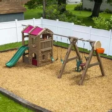 Step2 Naturally Playful Adventure Lodge Play Center with Glider, Kids Outdoor Playset, Two Tier Backyard Playground Set, Slide, Swings, Rope Ladder, Basketball Hoop, Jungle Gym, Children 3-8 Years Old