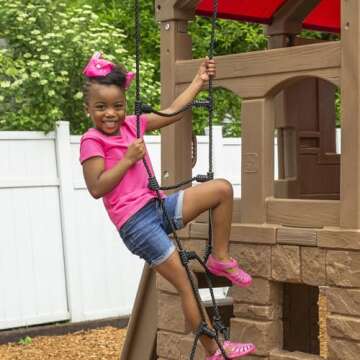 Step2 Naturally Playful Adventure Lodge Play Center with Glider, Kids Outdoor Playset, Two Tier Backyard Playground Set, Slide, Swings, Rope Ladder, Basketball Hoop, Jungle Gym, Children 3-8 Years Old