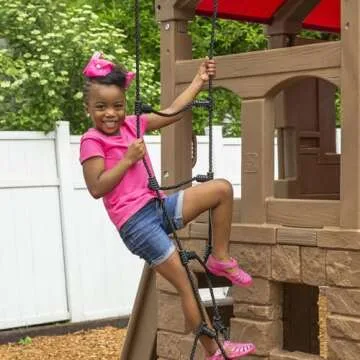 Step2 Naturally Playful Adventure Lodge Play Center with Glider, Kids Outdoor Playset, Two Tier Backyard Playground Set, Slide, Swings, Rope Ladder, Basketball Hoop, Jungle Gym, Children 3-8 Years Old