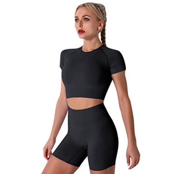 IWEMEK Workout Sets for Women Seamless Short Sleeve Crop Top T-shirt Tummy Control High Waist Biker ...
