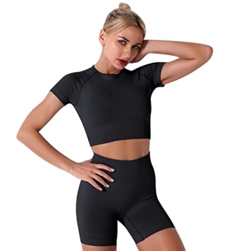 IWEMEK Workout Sets for Women Seamless Short Sleeve Crop Top T-shirt Tummy Control High Waist Biker Shorts 2 Piece Gym Yoga Outfits Tracksuit Sportswear Black Small