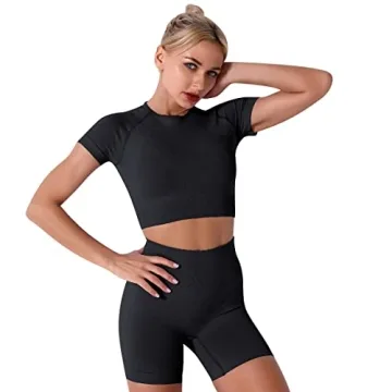 IWEMEK Workout Sets for Women Seamless Short Sleeve Crop Top T-shirt Tummy Control High Waist Biker Shorts 2 Piece Gym Yoga Outfits Tracksuit Sportswear Black Small