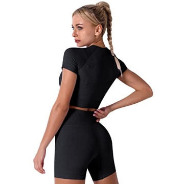 IWEMEK Workout Sets for Women Seamless Short Sleeve Crop Top T-shirt Tummy Control High Waist Biker Shorts 2 Piece Gym Yoga Outfits Tracksuit Sportswear Black Small