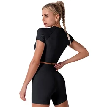 IWEMEK Workout Sets for Women Seamless Short Sleeve Crop Top T-shirt Tummy Control High Waist Biker Shorts 2 Piece Gym Yoga Outfits Tracksuit Sportswear Black Small