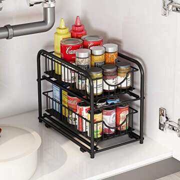 AIYAKA Pull-out Cabinet Organizer, Stackable 2-tier Under Sink Rack, with Sliding Storage Drawer for...