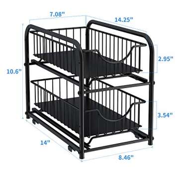 AIYAKA Pull-out Cabinet Organizer, Stackable 2-tier Under Sink Rack, with Sliding Storage Drawer for Pantry, and Desktop, for Bathroom, Kitchen, Office, Black