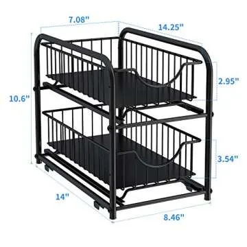 AIYAKA Pull-out Cabinet Organizer, Stackable 2-tier Under Sink Rack, with Sliding Storage Drawer for Pantry, and Desktop, for Bathroom, Kitchen, Office, Black