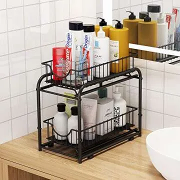 AIYAKA Pull-out Cabinet Organizer, Stackable 2-tier Under Sink Rack, with Sliding Storage Drawer for Pantry, and Desktop, for Bathroom, Kitchen, Office, Black