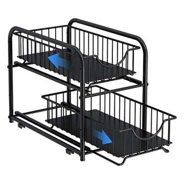 AIYAKA Pull-out Cabinet Organizer, Stackable 2-tier Under Sink Rack, with Sliding Storage Drawer for Pantry, and Desktop, for Bathroom, Kitchen, Office, Black