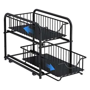 AIYAKA Pull-out Cabinet Organizer, Stackable 2-tier Under Sink Rack, with Sliding Storage Drawer for Pantry, and Desktop, for Bathroom, Kitchen, Office, Black