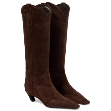 DOEYG Brown Suede Cowboy Boots for Women - Trendy Pull-on Wide Calf Fashion Boots