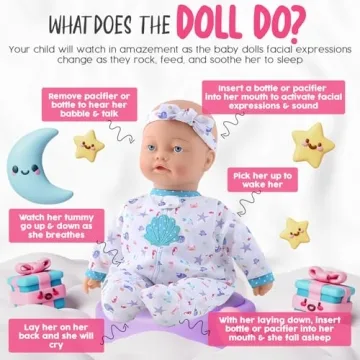 KOOKAMUNGA KIDS 16 Inch Interactive Baby Doll - Realistic Baby Doll that Cries, Talks, Laughs, Moves, Sucks Pacifier Toy - Crying Baby Doll Cute Sounds - Talking Baby Dolls for Toddlers Girls Ages 2 +