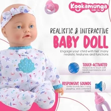 KOOKAMUNGA KIDS 16 Inch Interactive Baby Doll - Realistic Baby Doll that Cries, Talks, Laughs, Moves, Sucks Pacifier Toy - Crying Baby Doll Cute Sounds - Talking Baby Dolls for Toddlers Girls Ages 2 +