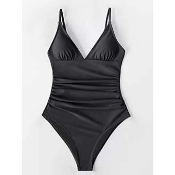 CUPSHE Women's One Piece Swimsuit Tummy Control V Neck Bathing Suits L Black