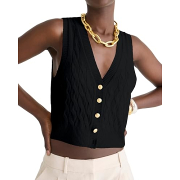 Locachy Women's V Neck Sleeveless Cable Knit Sweater Vest Soft 2024 Summer Button Front Cardigan Tan...
