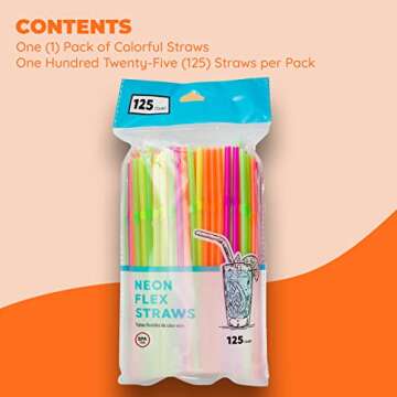Jacent Flexible Disposable Drinking Straws, Bendable Plastic Neon Straws: 125 Count per Pack, Fun Be...