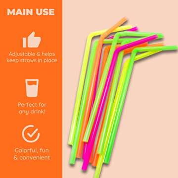 Jacent Flexible Disposable Drinking Straws, Bendable Plastic Neon Straws: 125 Count per Pack, Fun Bendy Kids Straws, Great For Summer Drinks, Crafts, Parties, And More