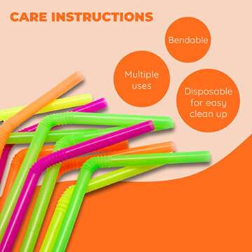 Jacent Flexible Disposable Drinking Straws, Bendable Plastic Neon Straws: 125 Count per Pack, Fun Bendy Kids Straws, Great For Summer Drinks, Crafts, Parties, And More