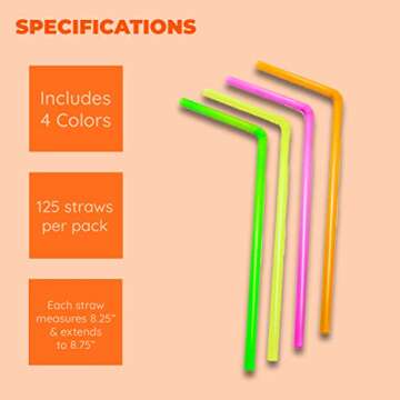 Jacent Flexible Disposable Drinking Straws, Bendable Plastic Neon Straws: 125 Count per Pack, Fun Bendy Kids Straws, Great For Summer Drinks, Crafts, Parties, And More