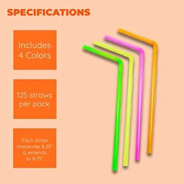 Jacent Flexible Disposable Drinking Straws, Bendable Plastic Neon Straws: 125 Count per Pack, Fun Bendy Kids Straws, Great For Summer Drinks, Crafts, Parties, And More