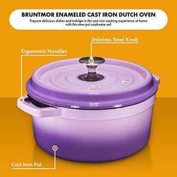 Bruntmor Pre-Seasoned 6.5 qt Enameled Cast Iron Round Dutch Ovens, 6.5 Quart Enameled Cast Iron Dutch Oven Pot With Lid And Handle, Heavy Duty Casserole Dish, Hand Wash Only, Purple