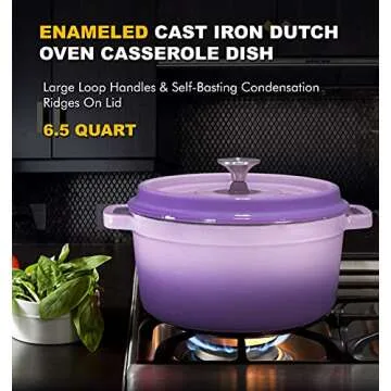 Bruntmor Pre-Seasoned 6.5 qt Enameled Cast Iron Round Dutch Ovens, 6.5 Quart Enameled Cast Iron Dutch Oven Pot With Lid And Handle, Heavy Duty Casserole Dish, Hand Wash Only, Purple