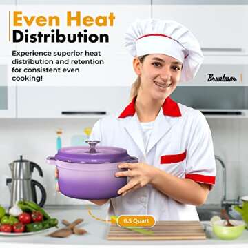 Bruntmor Pre-Seasoned 6.5 qt Enameled Cast Iron Round Dutch Ovens, 6.5 Quart Enameled Cast Iron Dutch Oven Pot With Lid And Handle, Heavy Duty Casserole Dish, Hand Wash Only, Purple