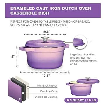 Bruntmor Pre-Seasoned 6.5 qt Enameled Cast Iron Round Dutch Ovens, 6.5 Quart Enameled Cast Iron Dutch Oven Pot With Lid And Handle, Heavy Duty Casserole Dish, Hand Wash Only, Purple