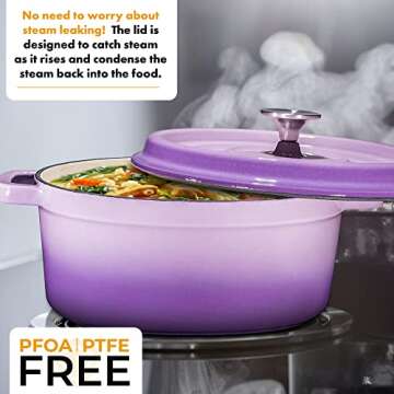 Bruntmor Pre-Seasoned 6.5 qt Enameled Cast Iron Round Dutch Ovens, 6.5 Quart Enameled Cast Iron Dutch Oven Pot With Lid And Handle, Heavy Duty Casserole Dish, Hand Wash Only, Purple
