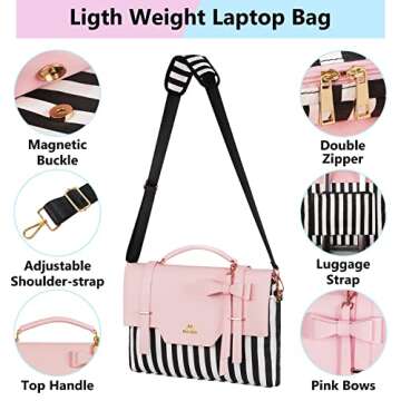 MATEIN Laptop Bag for Women, 17 inch Cute Computer Briefcase Laptop Carrying Case, Lightweight Messenger Sleeves Shoulder Work Tote Bag with Bow & RFID Pocket Gifts for College Office Business, Pink