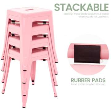 Brage Living 18 Inch Industrial Metal Stools Set of 4, Stackable Classroom Stools, Backless Metal Dining Chairs for Indoor Outdoor, Kitchen Short Stools (Pink)