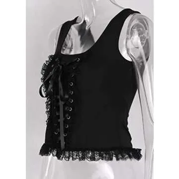 Summer Black Bandage Tank Tops Women Gothic Grunge Vintage Lace Up Sexy Sleeveless Mesh Ruffles Tops