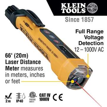 Klein Tools NCVT-6 Non-Contact Volt Tester, 12 - 1000V AC Pen with Integrated Laser Distance Measure...