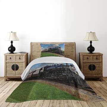 Ambesonne Steam Engine Coverlet, Vintage Locomotive in Countryside Scenery Green Grass Puff Train Pi...