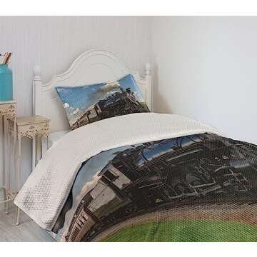 Ambesonne Steam Engine Coverlet, Vintage Locomotive in Countryside Scenery Green Grass Puff Train Picture, 2 Piece Decorative Quilted Bedspread Set with 1 Pillow Sham, Twin Size, Blue Green
