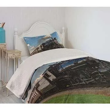 Ambesonne Steam Engine Coverlet, Vintage Locomotive in Countryside Scenery Green Grass Puff Train Picture, 2 Piece Decorative Quilted Bedspread Set with 1 Pillow Sham, Twin Size, Blue Green