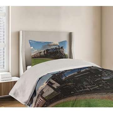Ambesonne Steam Engine Coverlet, Vintage Locomotive in Countryside Scenery Green Grass Puff Train Picture, 2 Piece Decorative Quilted Bedspread Set with 1 Pillow Sham, Twin Size, Blue Green