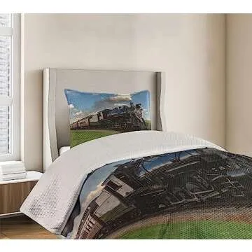 Ambesonne Steam Engine Coverlet, Vintage Locomotive in Countryside Scenery Green Grass Puff Train Picture, 2 Piece Decorative Quilted Bedspread Set with 1 Pillow Sham, Twin Size, Blue Green