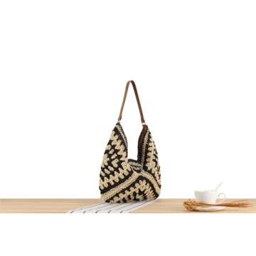 Straw Tote Bags For Women, Vintage Hobo Bag, Designer Large Beach Bag Shoulder Everything Handbag Ho...