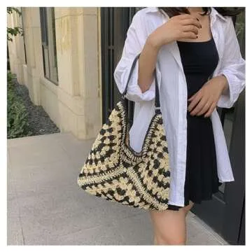 Straw Tote Bags For Women, Vintage Hobo Bag, Designer Large Beach Bag Shoulder Everything Handbag Holiday Summer (Black＋Brown Strap)