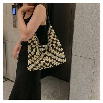 Straw Tote Bags For Women, Vintage Hobo Bag, Designer Large Beach Bag Shoulder Everything Handbag Holiday Summer (Black＋Brown Strap)