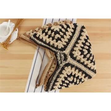 Straw Tote Bags For Women, Vintage Hobo Bag, Designer Large Beach Bag Shoulder Everything Handbag Holiday Summer (Black＋Brown Strap)