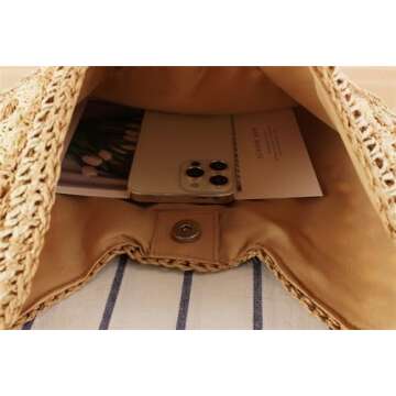 Straw Tote Bags For Women, Vintage Hobo Bag, Designer Large Beach Bag Shoulder Everything Handbag Holiday Summer (Black＋Brown Strap)