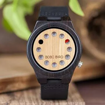 BOBO BIRD Men's Bamboo Wooden Watch with Black Cowhide Leather Strap 12 Holes Timer Design Sports Ca...