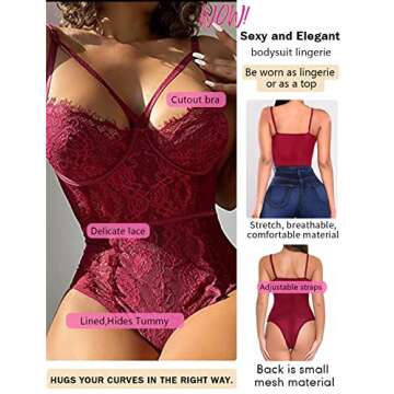 Dlsave Womens Sexy Lace Bodysuit Lingerie V Neck Straps Eyelash One Piece Teddy Bodysuit Corset Tops for Women Red
