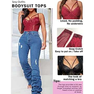 Dlsave Womens Sexy Lace Bodysuit Lingerie V Neck Straps Eyelash One Piece Teddy Bodysuit Corset Tops for Women Red